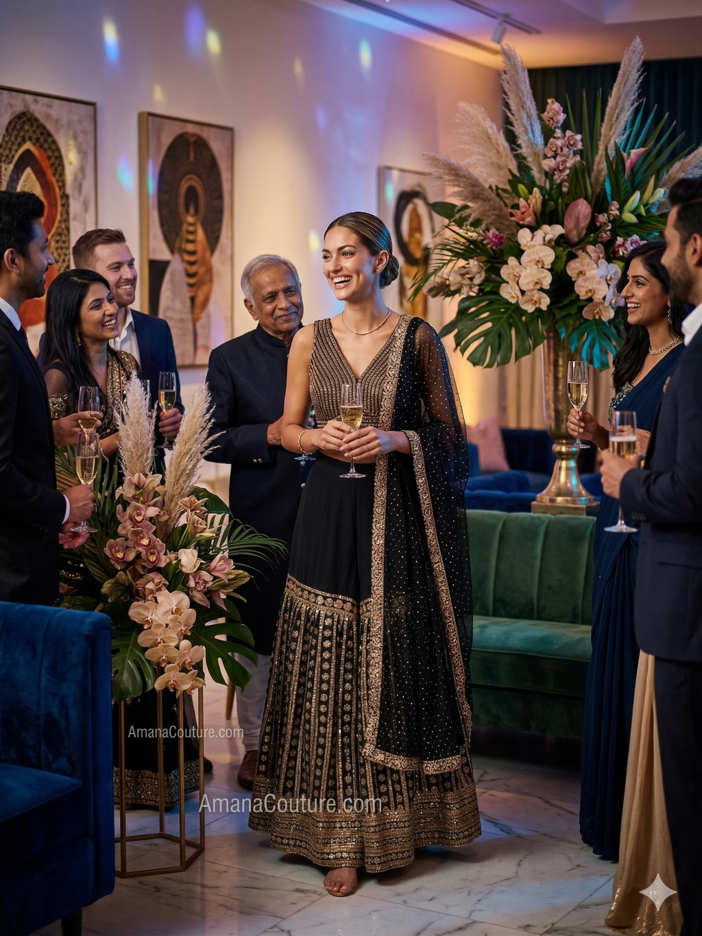 Black Silk Sharara Set | Pearl Crop Top & Gold Embroidery