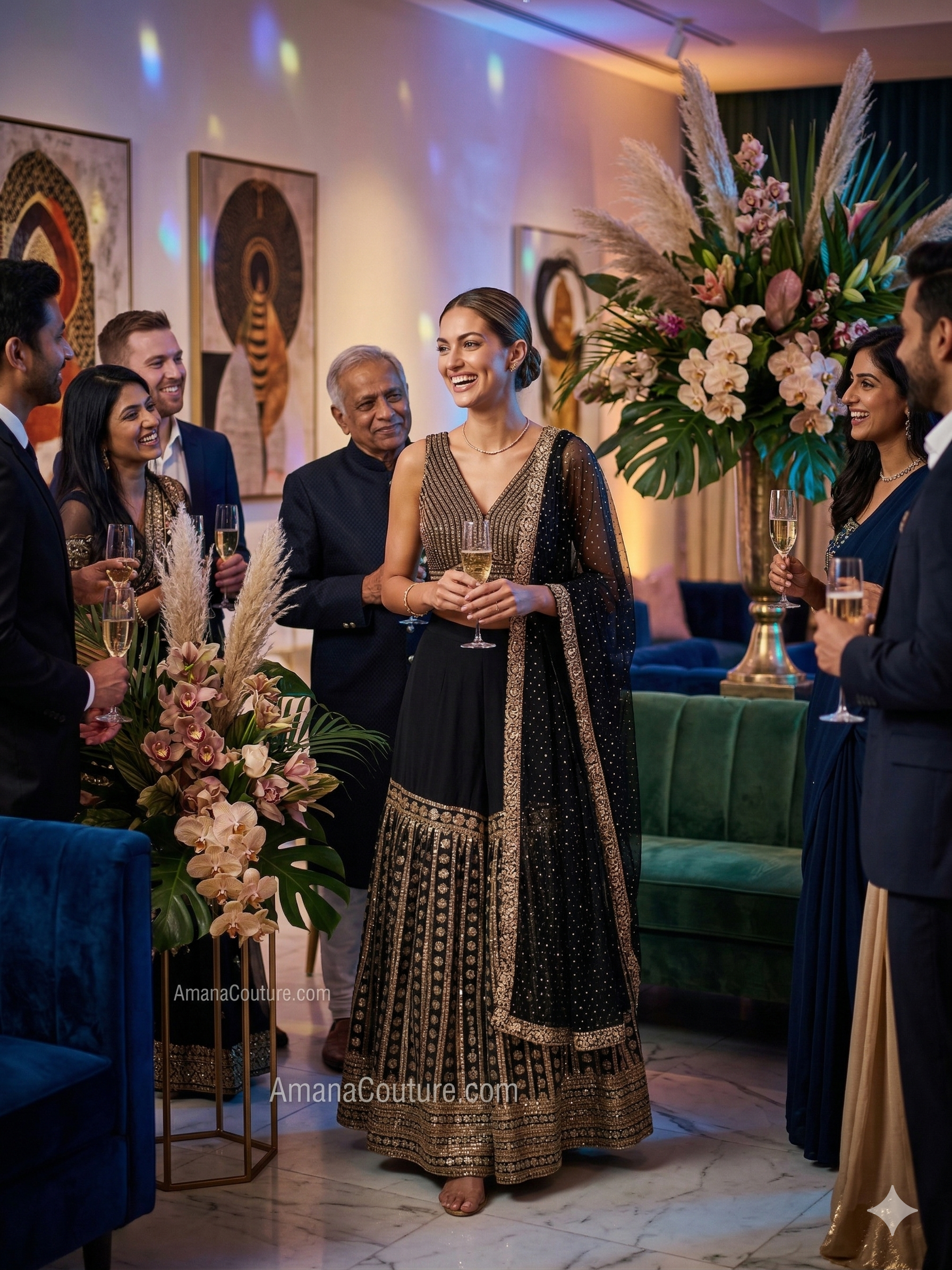 Black Silk Sharara Set | Pearl Crop Top & Gold Embroidery