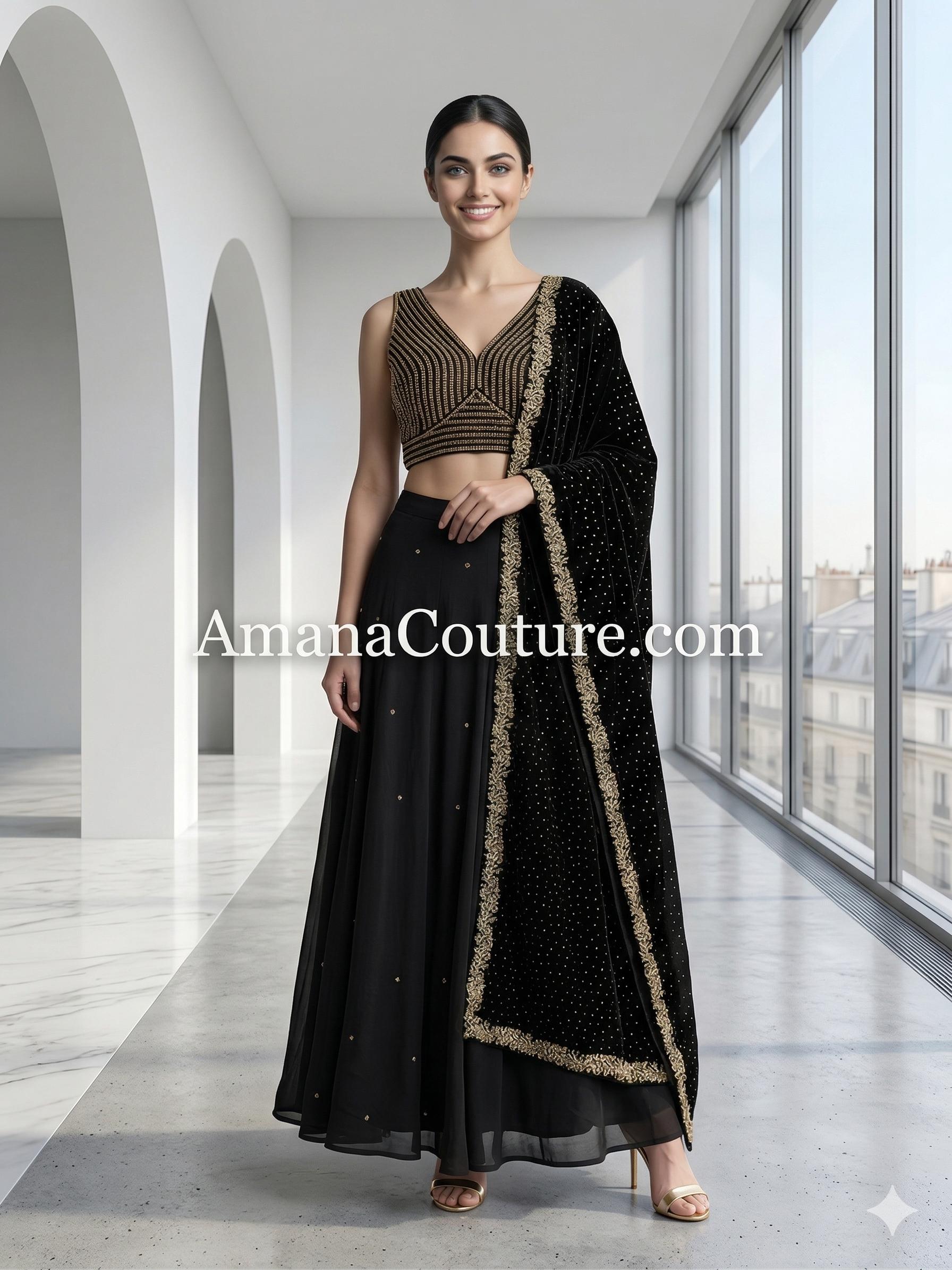 Golden Pearl Lehenga Set | Crop Top, Lehenga & Mukesh Dupatta