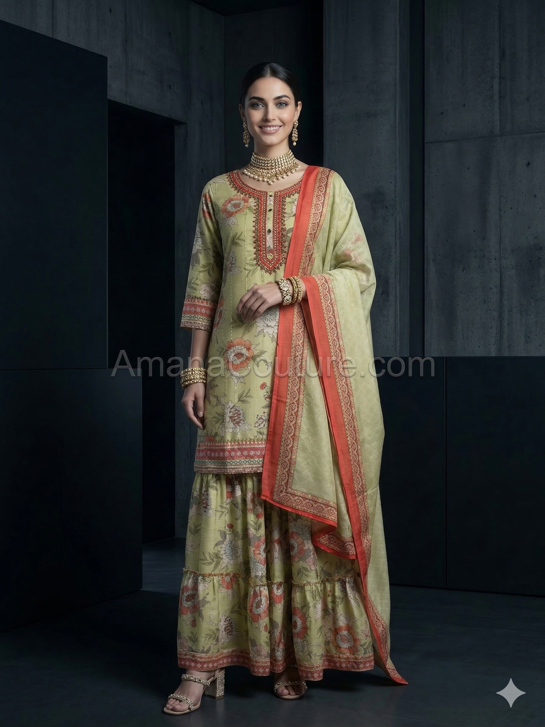 Sage Green Floral Modal Cotton Outfit | Casual & Festive Wear