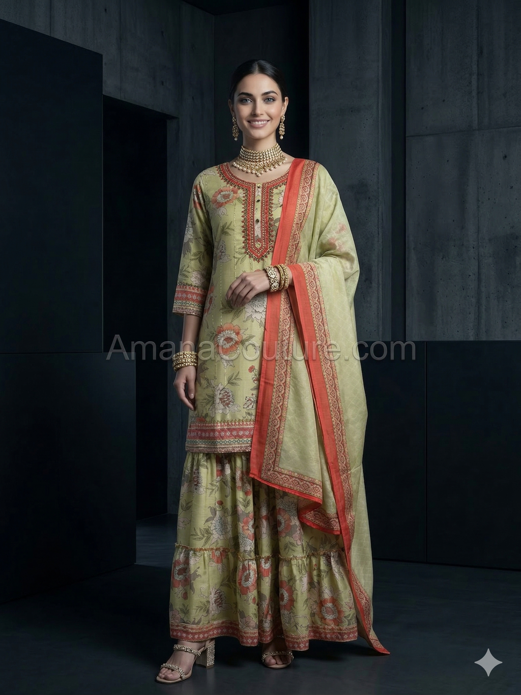 Sage Green Floral Modal Cotton Outfit | Casual & Festive Wear