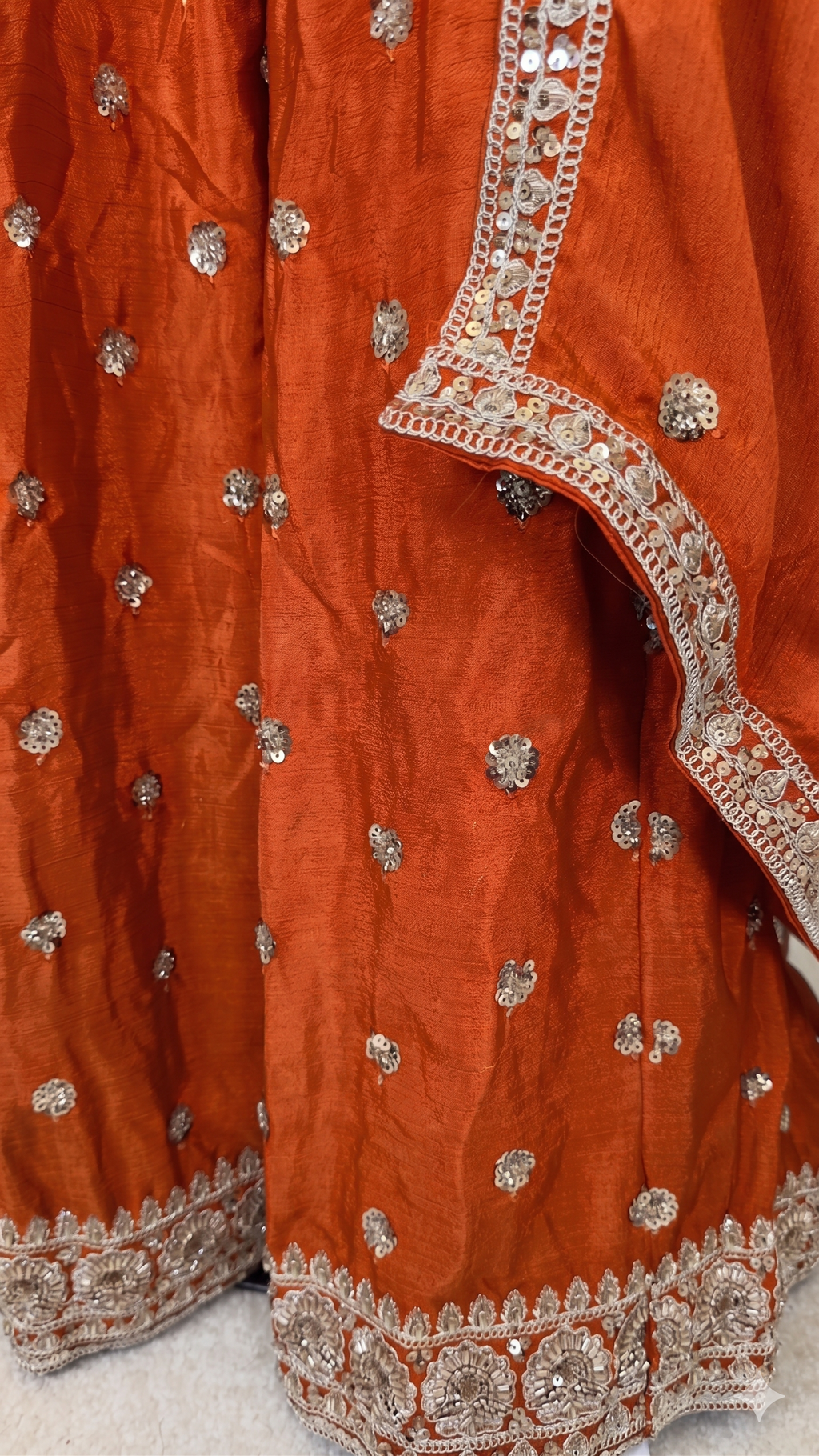 Rust Burnt Orange / Autumn Flame / Canyon Rust Crepe Silk 3-Piece Coord Set with Palazzo & Chinon Dupatta
