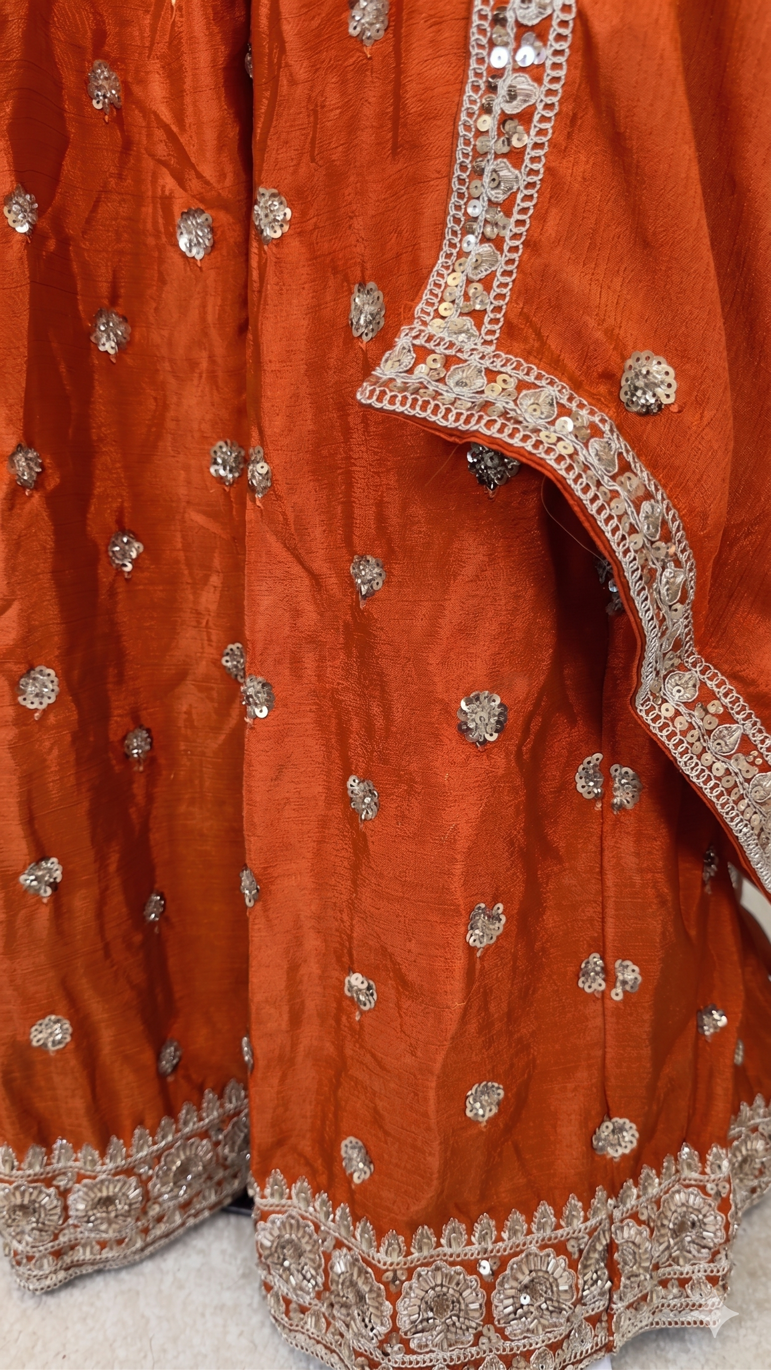 Rust Burnt Orange / Autumn Flame / Canyon Rust Crepe Silk 3-Piece Coord Set with Palazzo & Chinon Dupatta