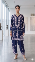 Navy Blue Pure Modal Cotton Resham Embroidered Coord Set | Summer Party Wear