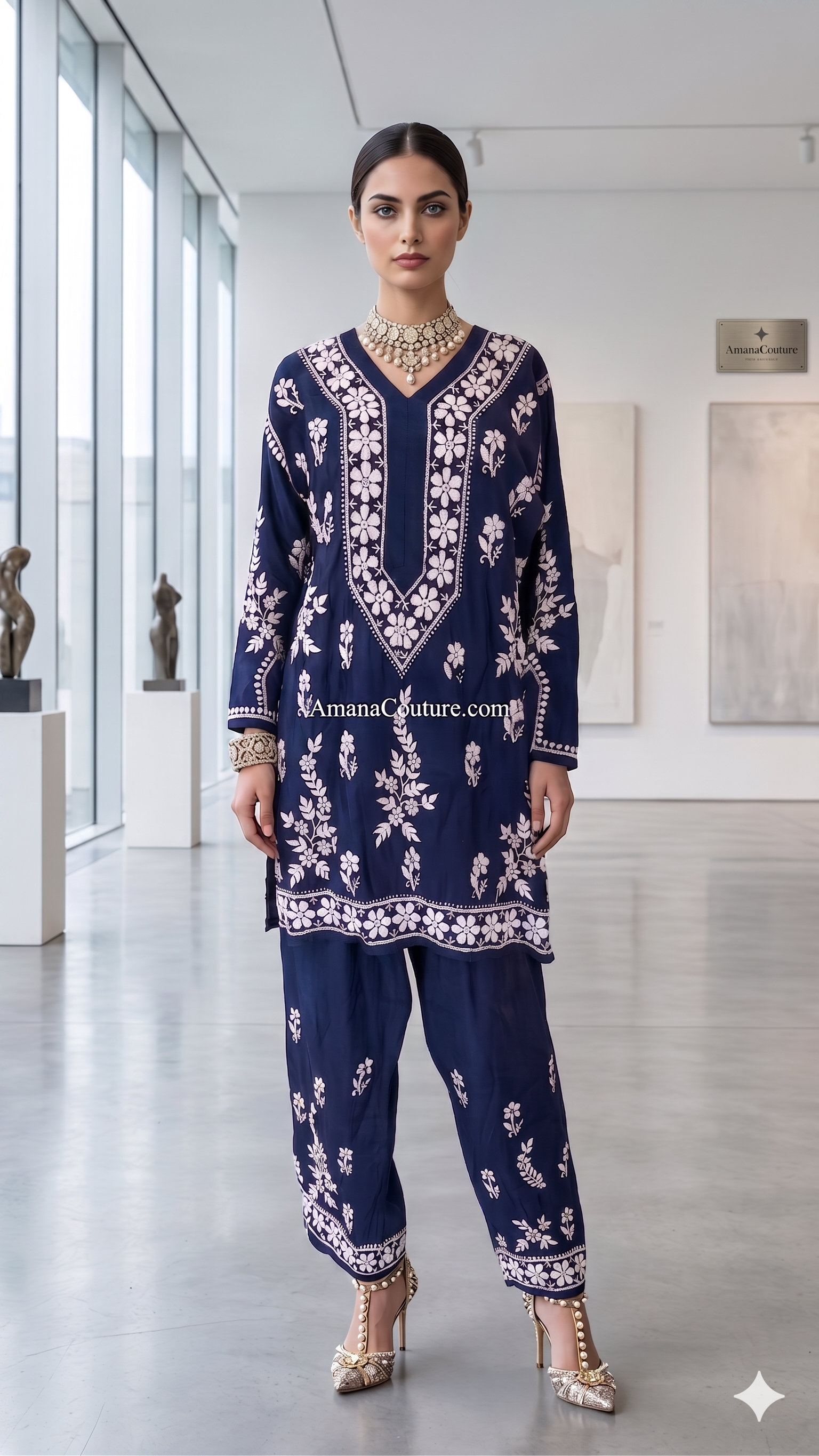 Navy Blue Pure Modal Cotton Resham Embroidered Coord Set | Summer Party Wear