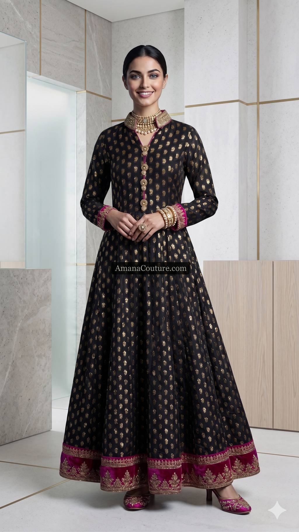 Black Pure Georgette Self Print Gown with Hot Pink & Gold Embroidery
