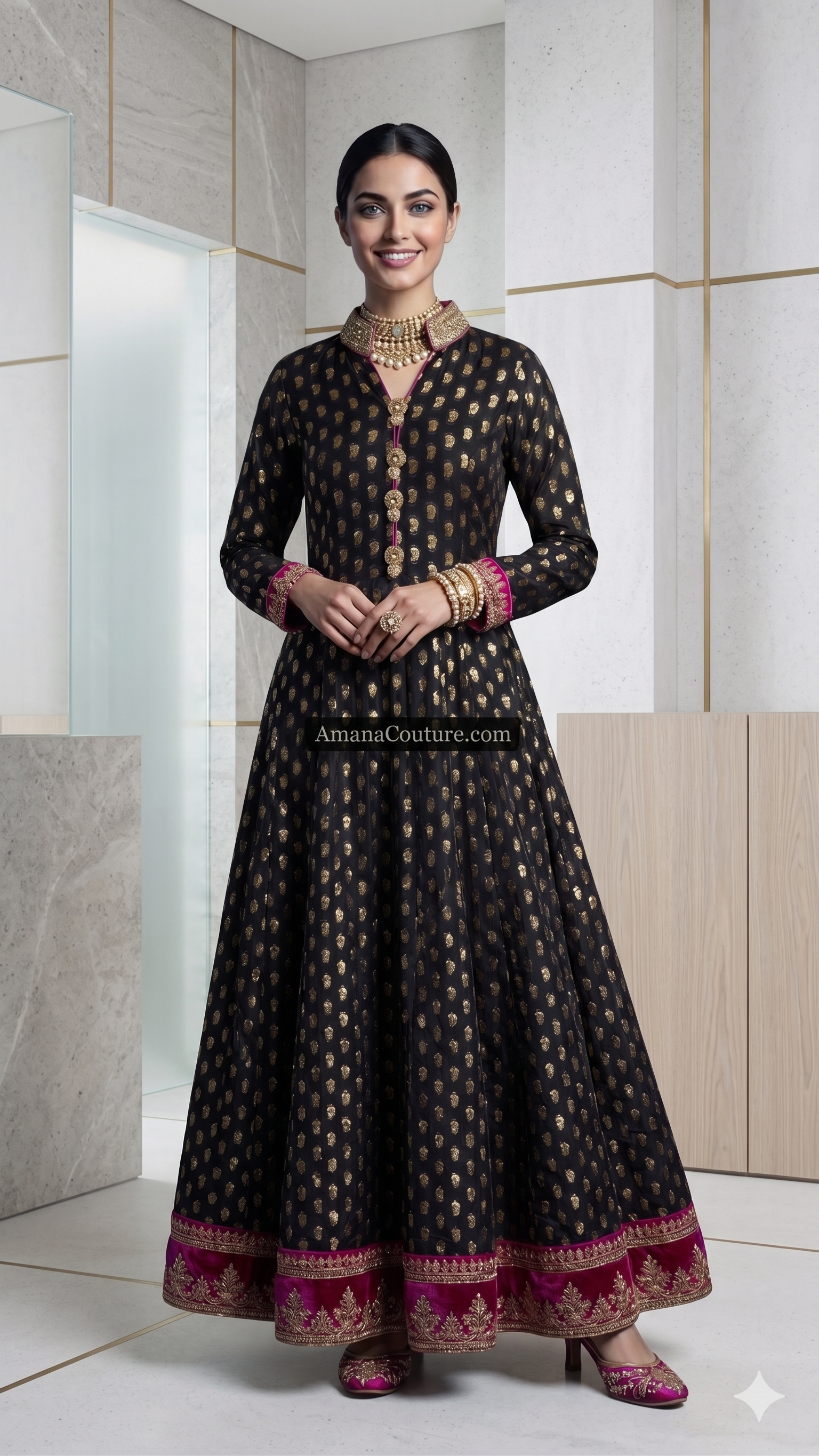 Black Pure Georgette Self Print Gown with Hot Pink & Gold Embroidery