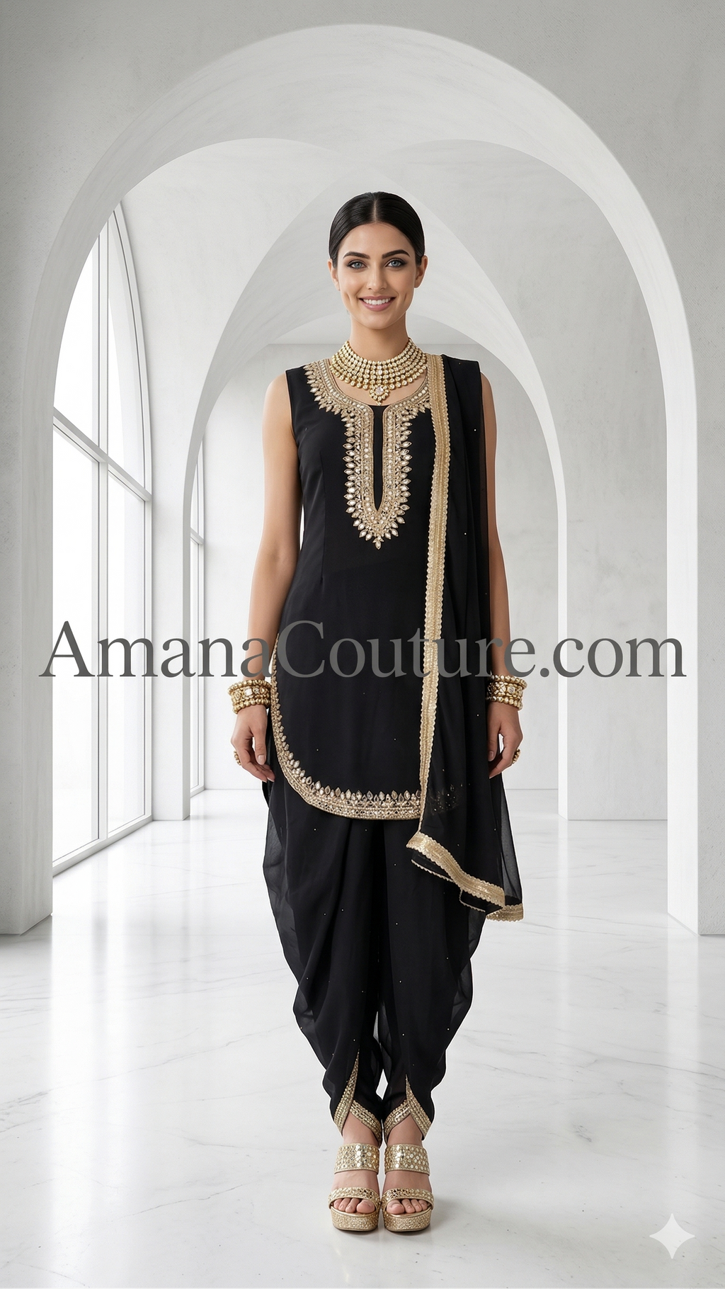 Black Dhoti-Style Outfit with Golden Embroidery