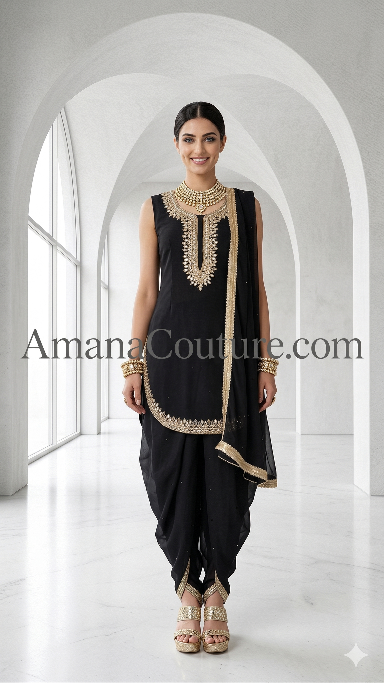 Black Dhoti-Style Outfit with Golden Embroidery