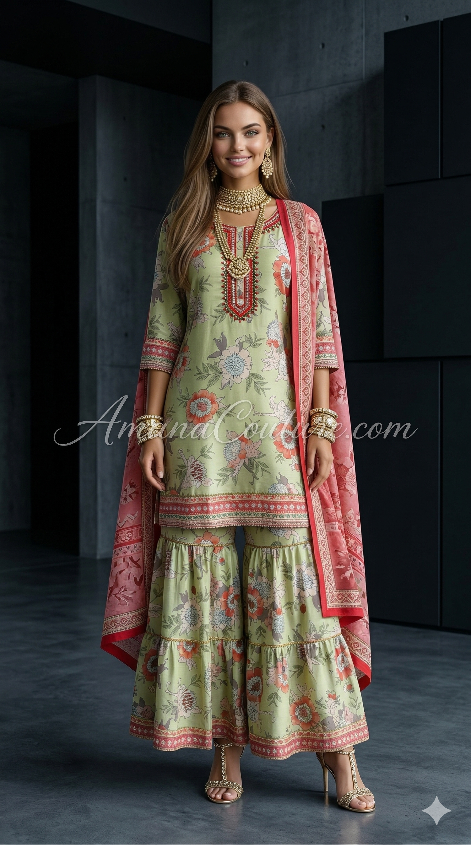 Sage Green Floral Modal Cotton Outfit | Casual & Festive Wear