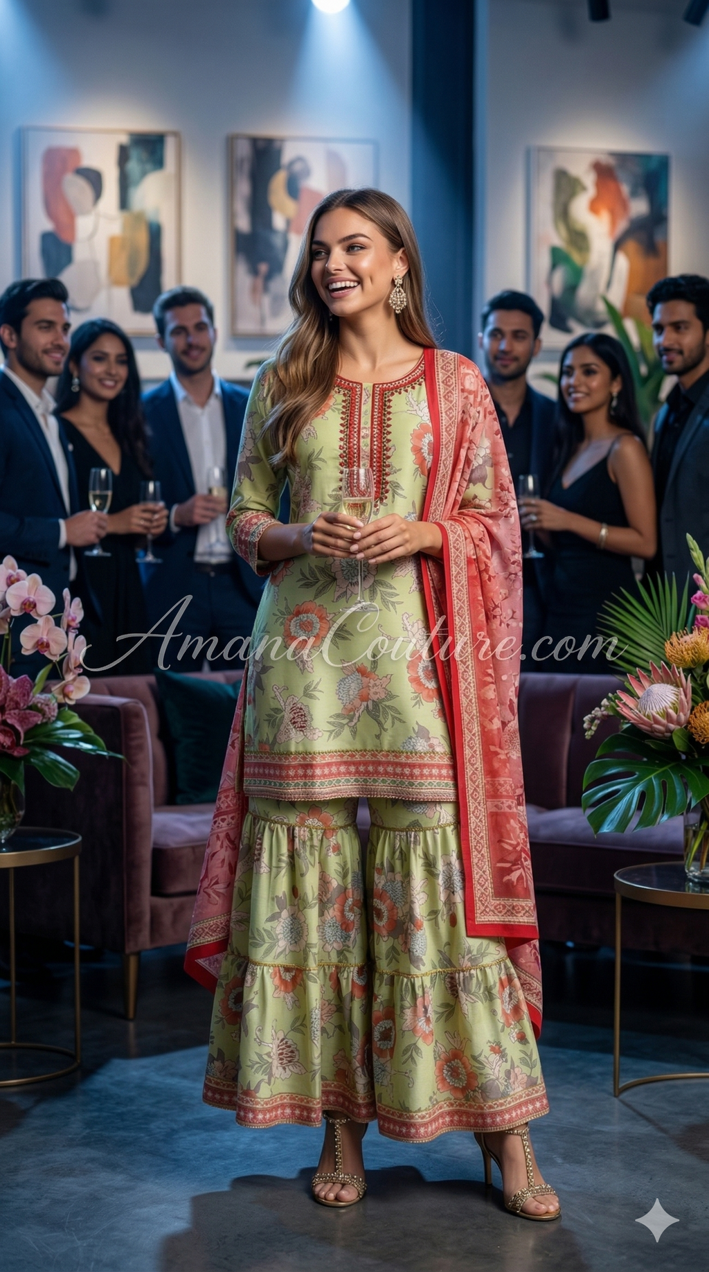 Sage Green Floral Modal Cotton Outfit | Casual & Festive Wear