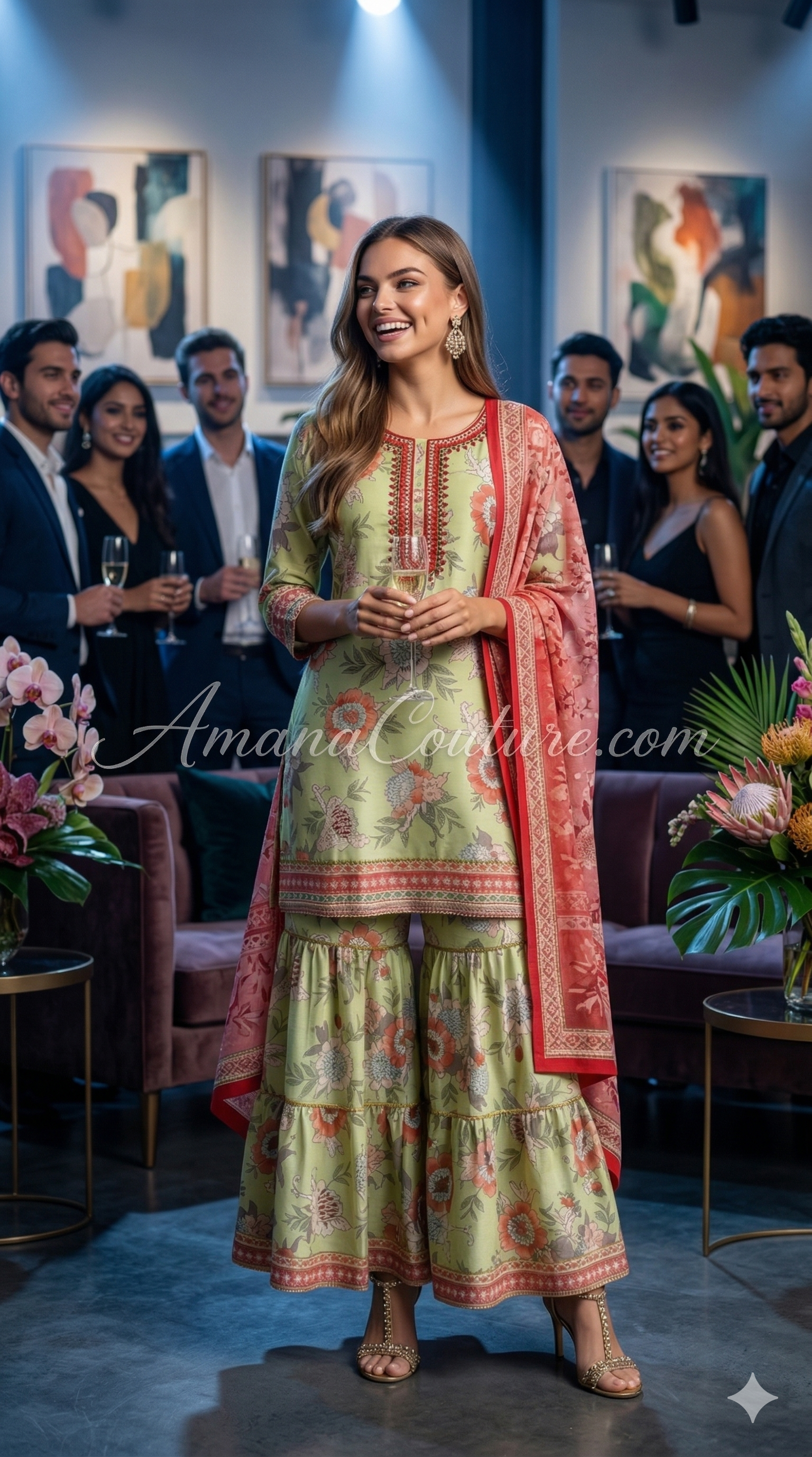 Sage Green Floral Modal Cotton Outfit | Casual & Festive Wear