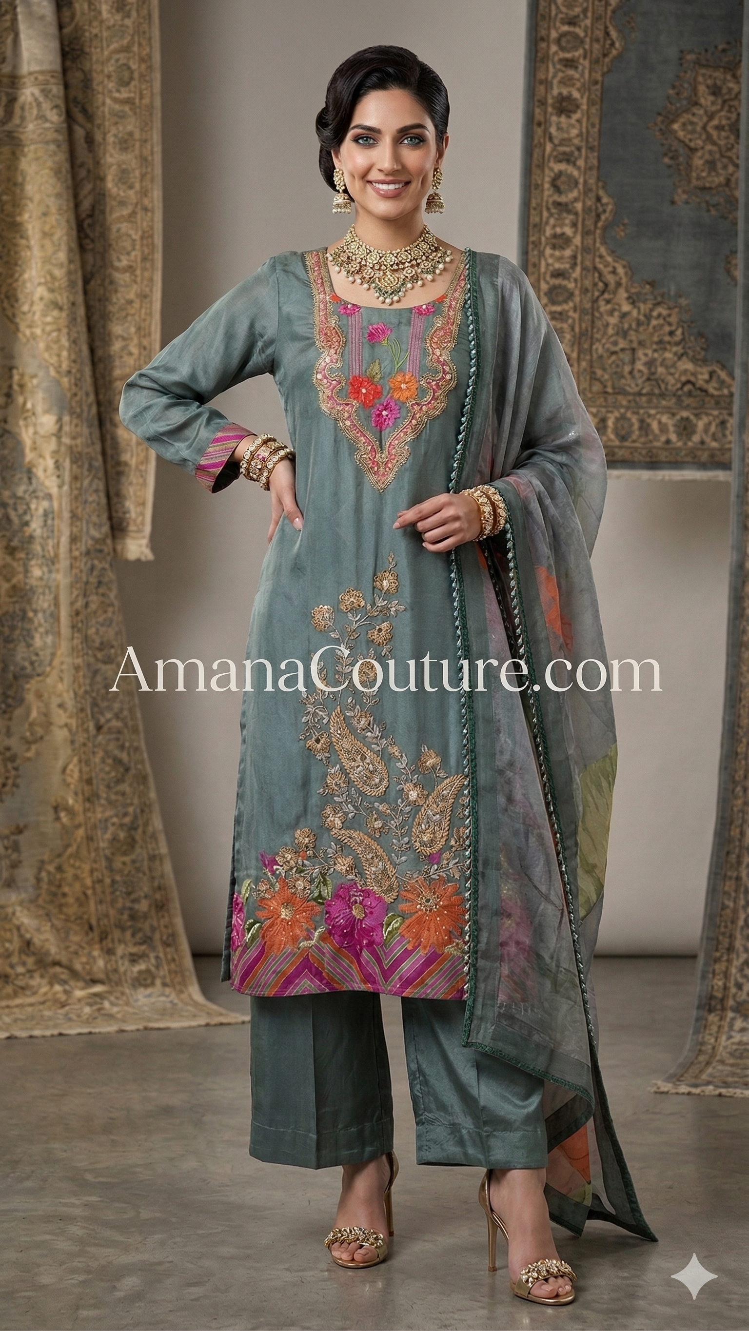 Dusty Blue Floral Embroidered Coord Set with Dupatta