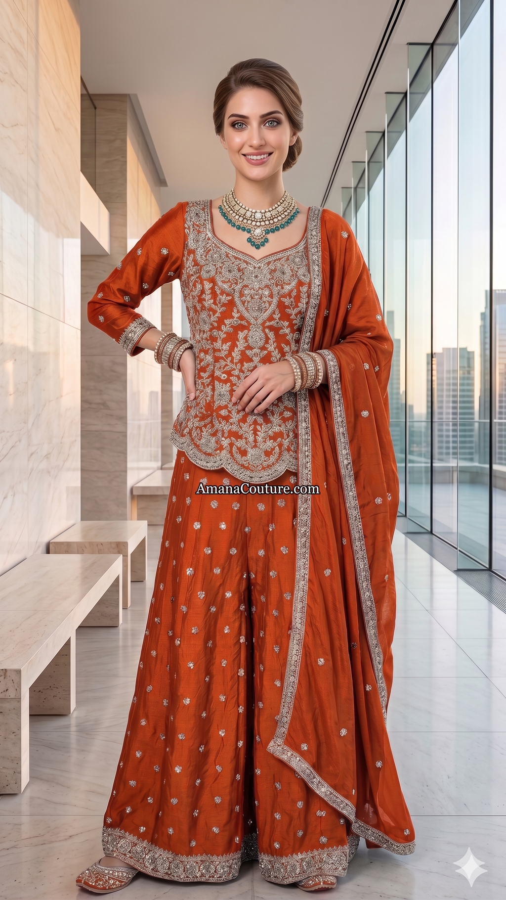 Rust Burnt Orange / Autumn Flame / Canyon Rust Crepe Silk 3-Piece Coord Set with Palazzo & Chinon Dupatta