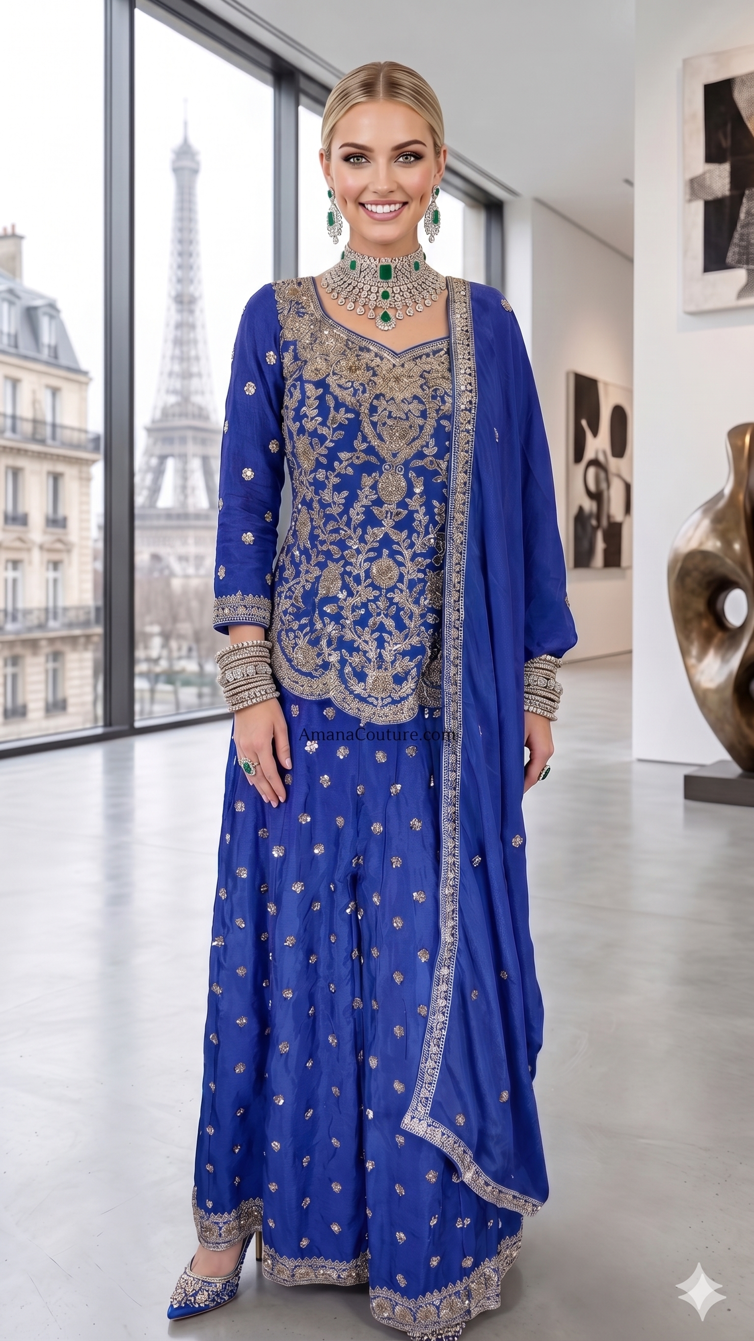 Royal Blue / Sapphire & Midnight Royal Blue Crepe Silk 3-Piece Coord Sharara Set with Chinon Dupatta