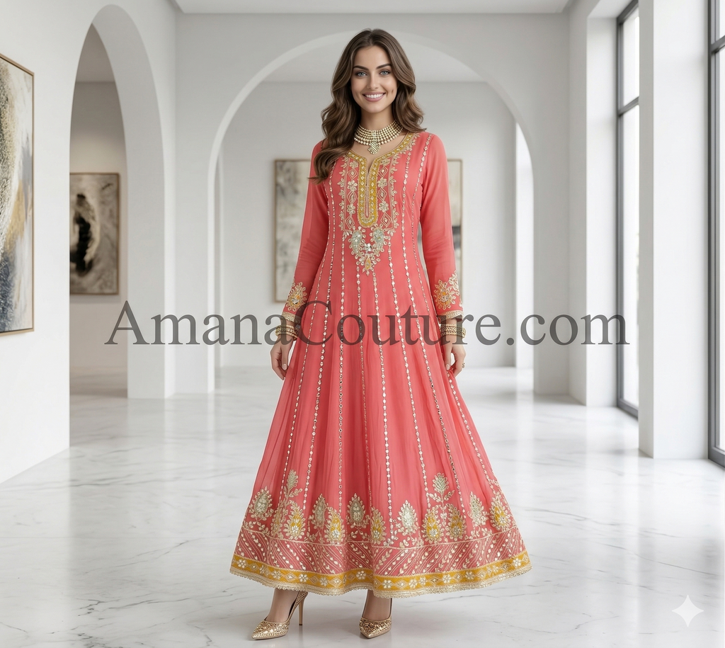 Coral Pink Mirror Work Long Gown