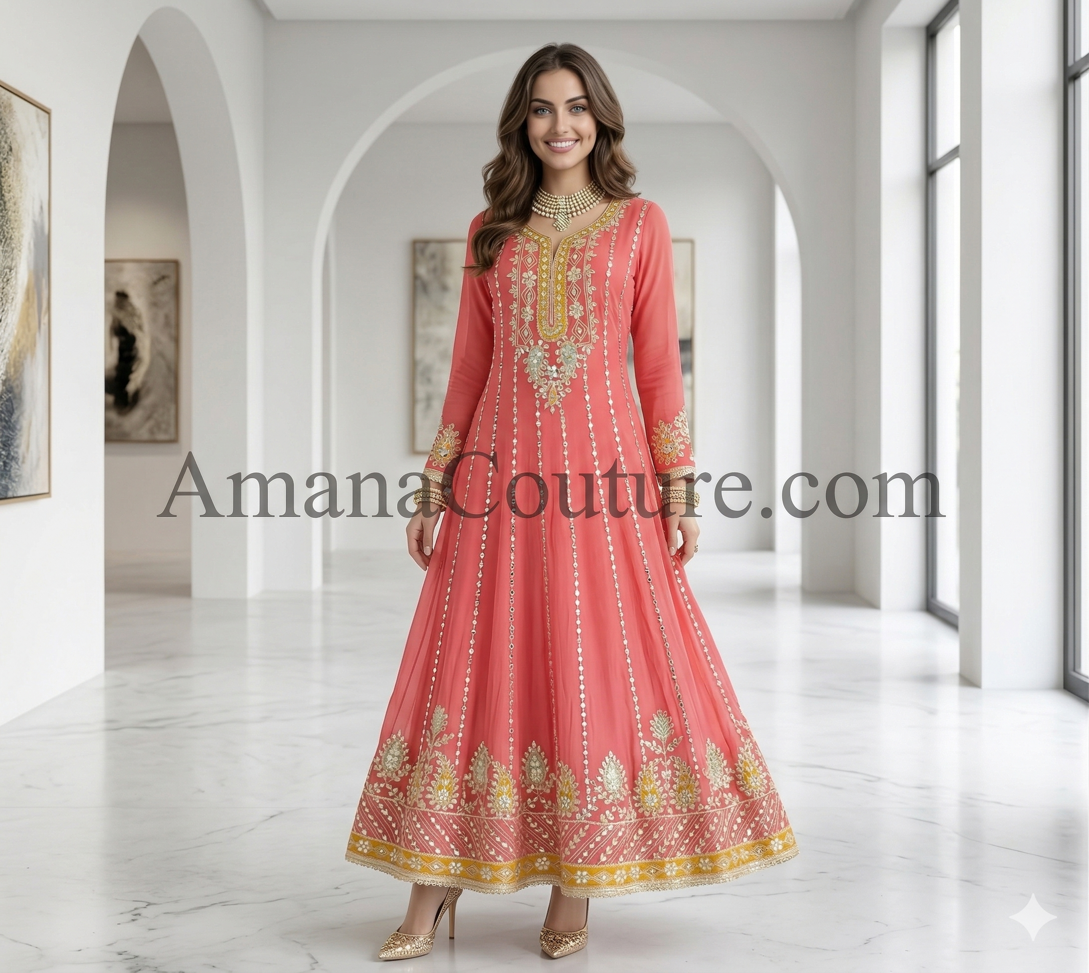 Coral Pink Mirror Work Long Gown