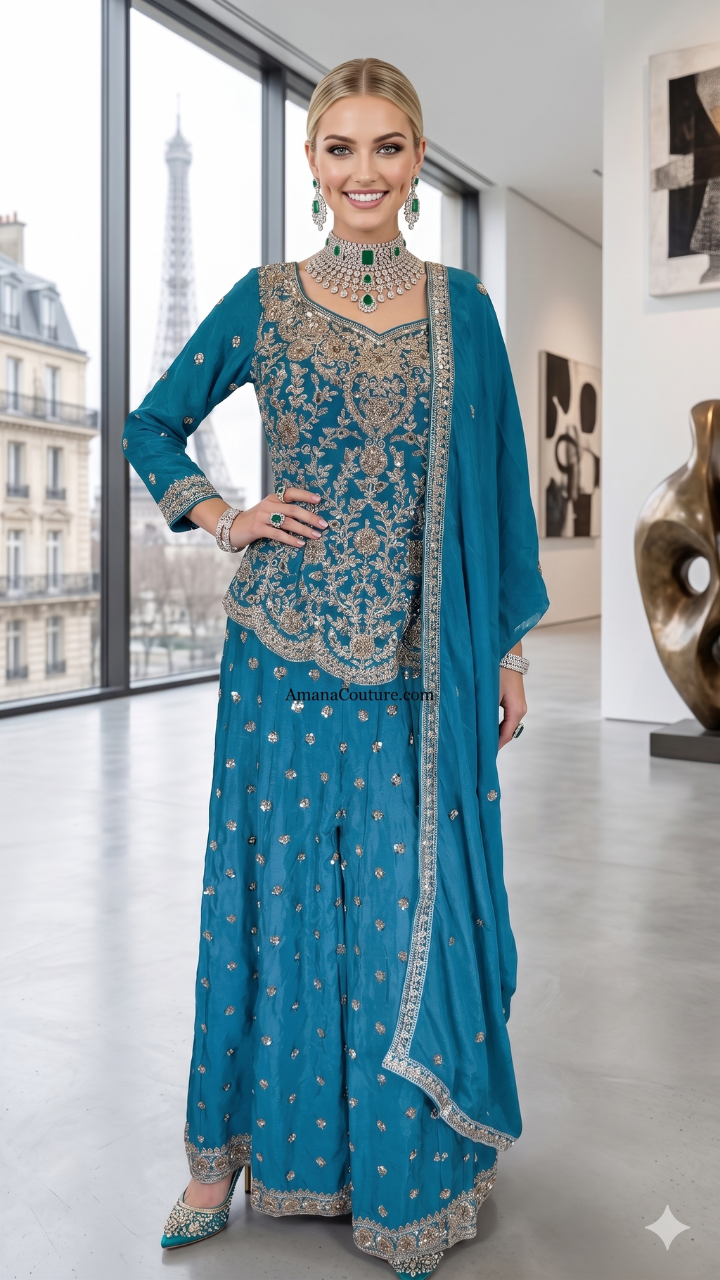 Teal Peacock Crepe Silk 3-Piece Coord Sharara Set with Chinon Dupatta
