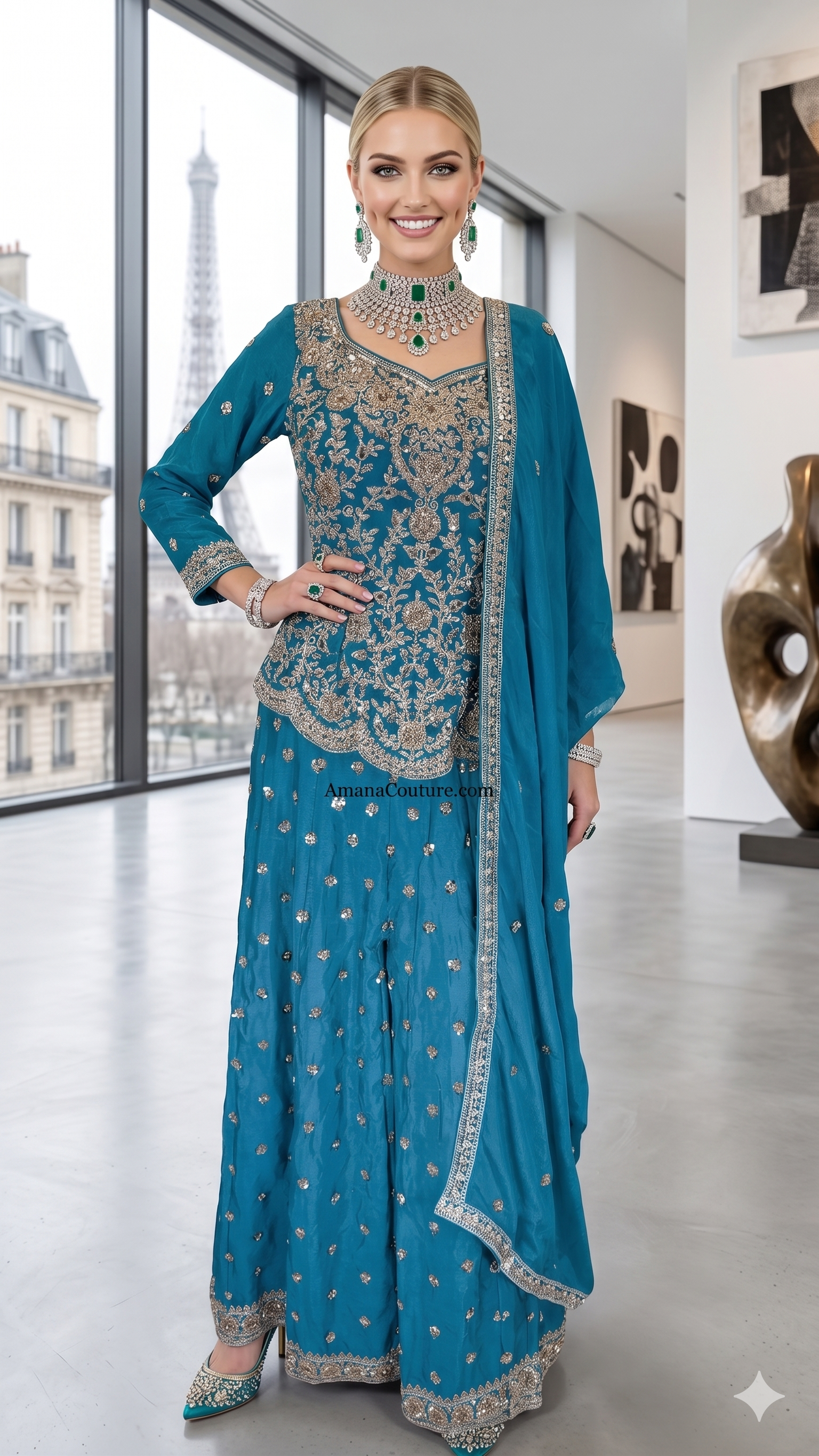 Teal Peacock Crepe Silk 3-Piece Coord Sharara Set with Chinon Dupatta