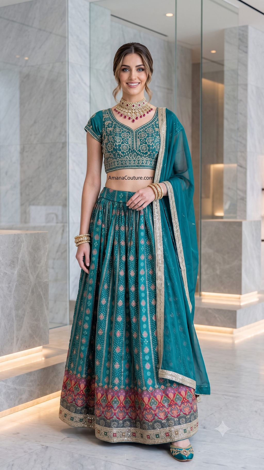 Dark Green Pure Chinon Silk Digital Print 3-Piece Lehenga Set