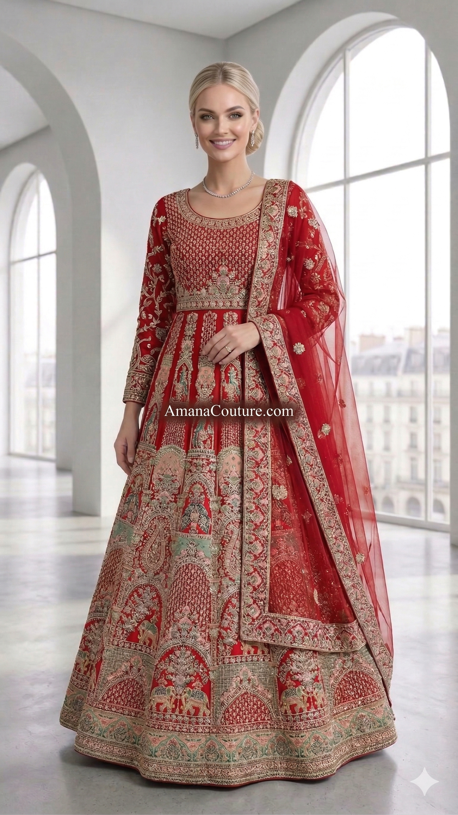 Crimson Red Silk Bridal Lehenga with Golden Handwork