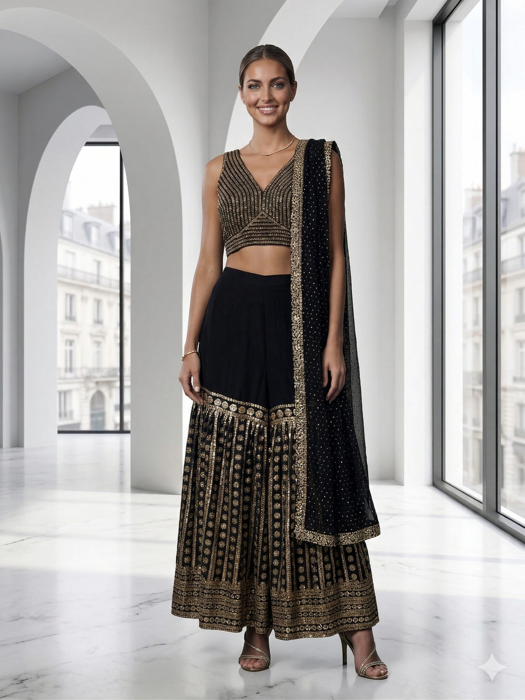 Black Silk Sharara Set | Pearl Crop Top & Gold Embroidery
