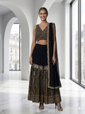 Black Silk Sharara Set | Pearl Crop Top & Gold Embroidery