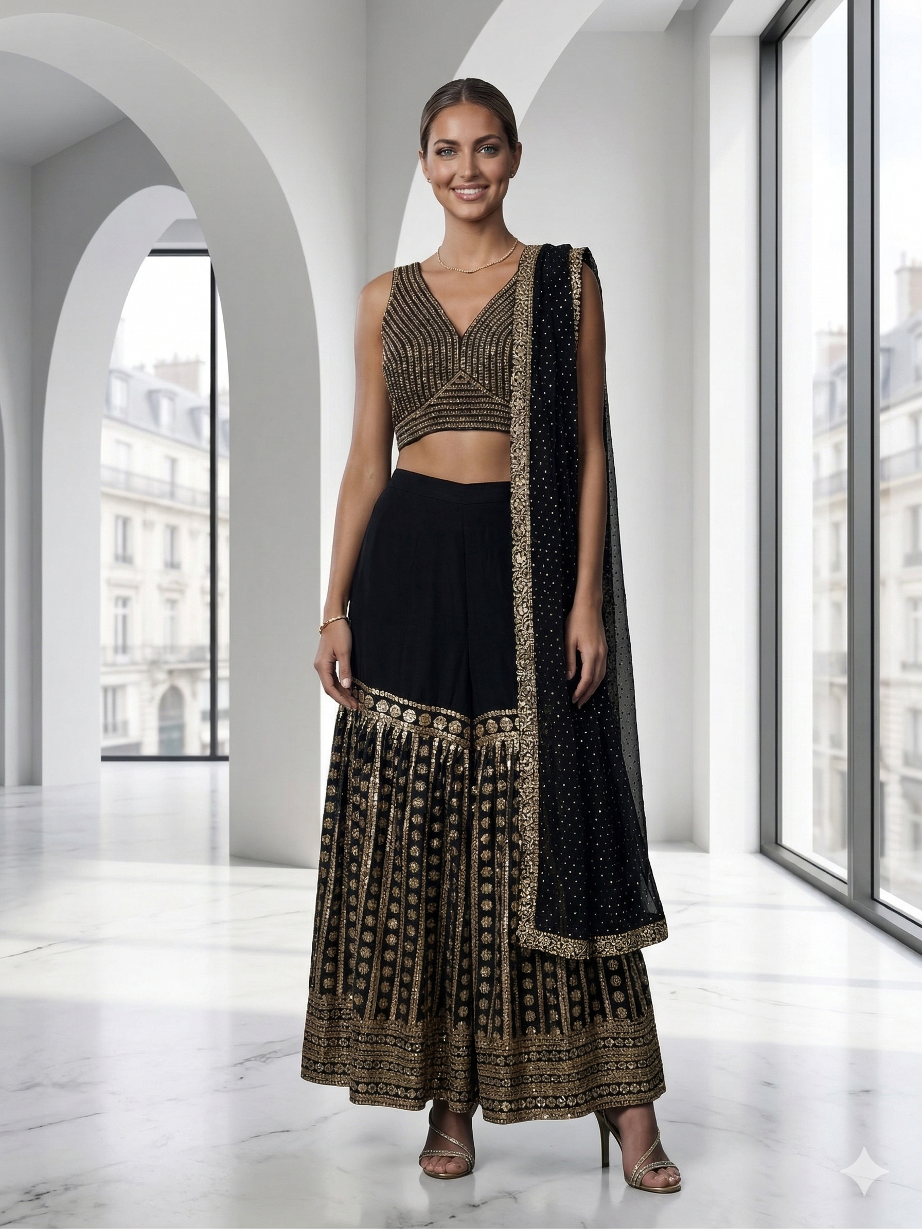 Black Silk Sharara Set | Pearl Crop Top & Gold Embroidery