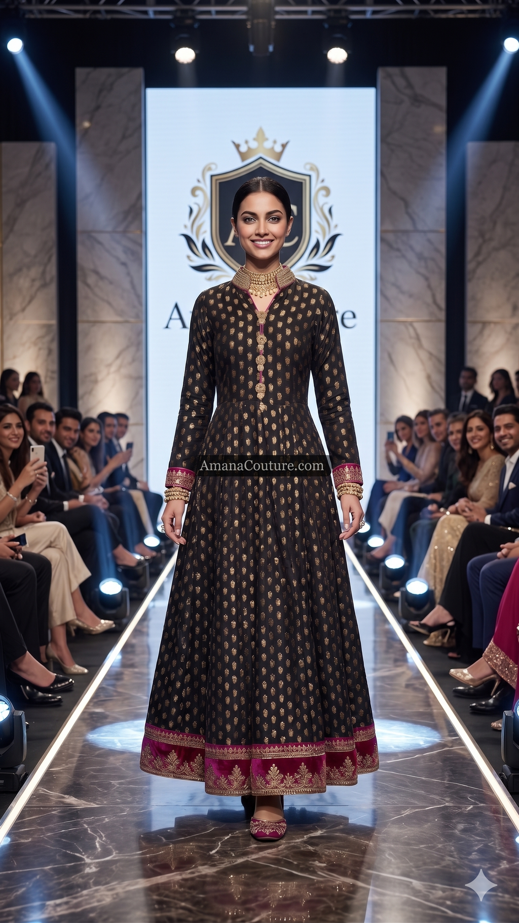 Black Pure Georgette Self Print Gown with Hot Pink & Gold Embroidery