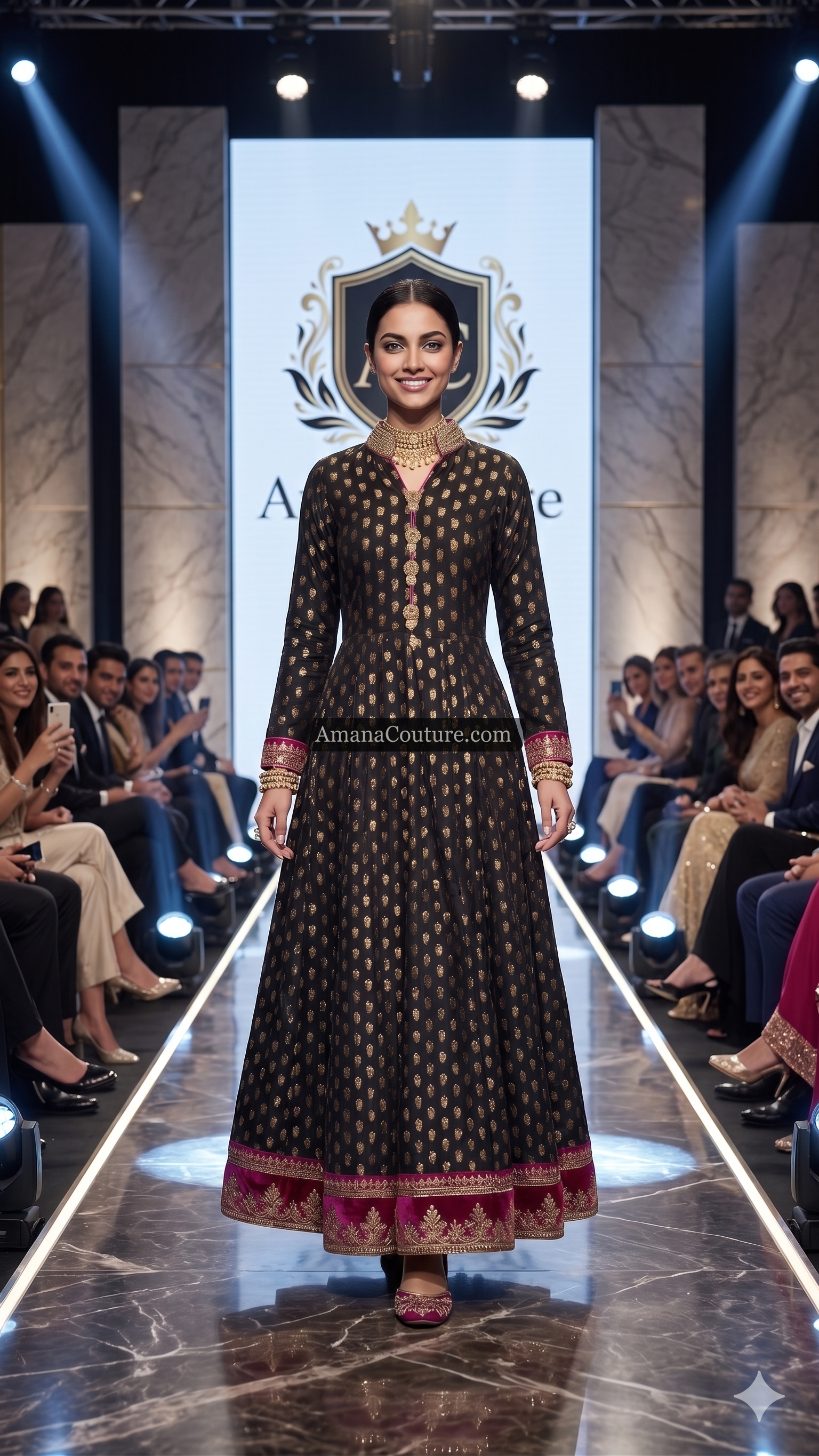 Black Pure Georgette Self Print Gown with Hot Pink & Gold Embroidery