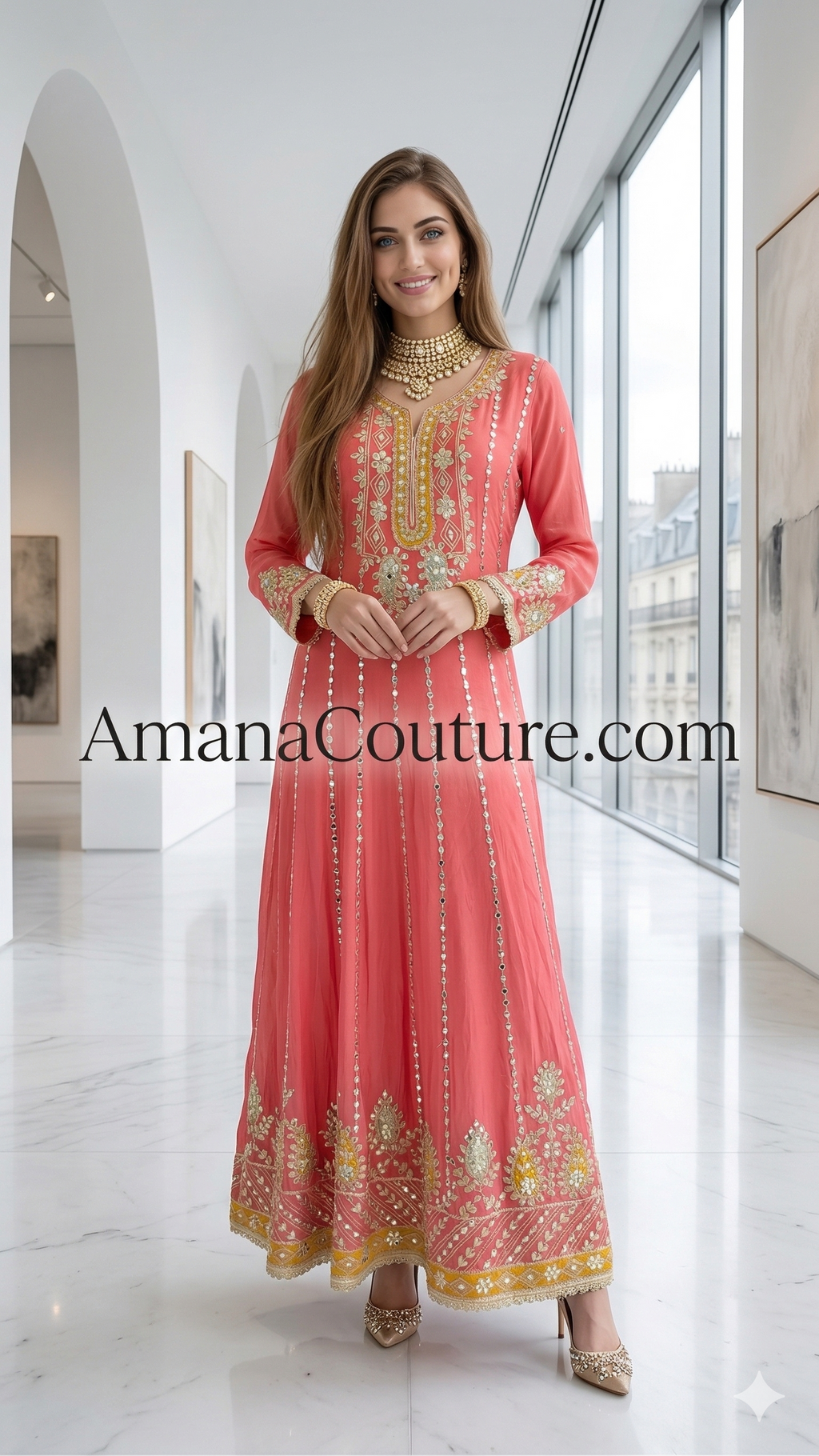 Coral Pink Mirror Work Long Gown