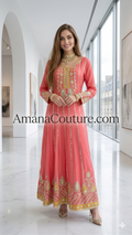 Coral Pink Mirror Work Long Gown