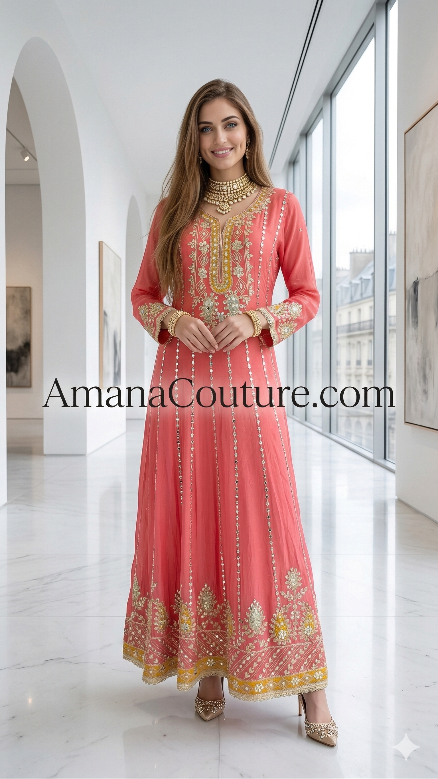 Coral Pink Mirror Work Long Gown