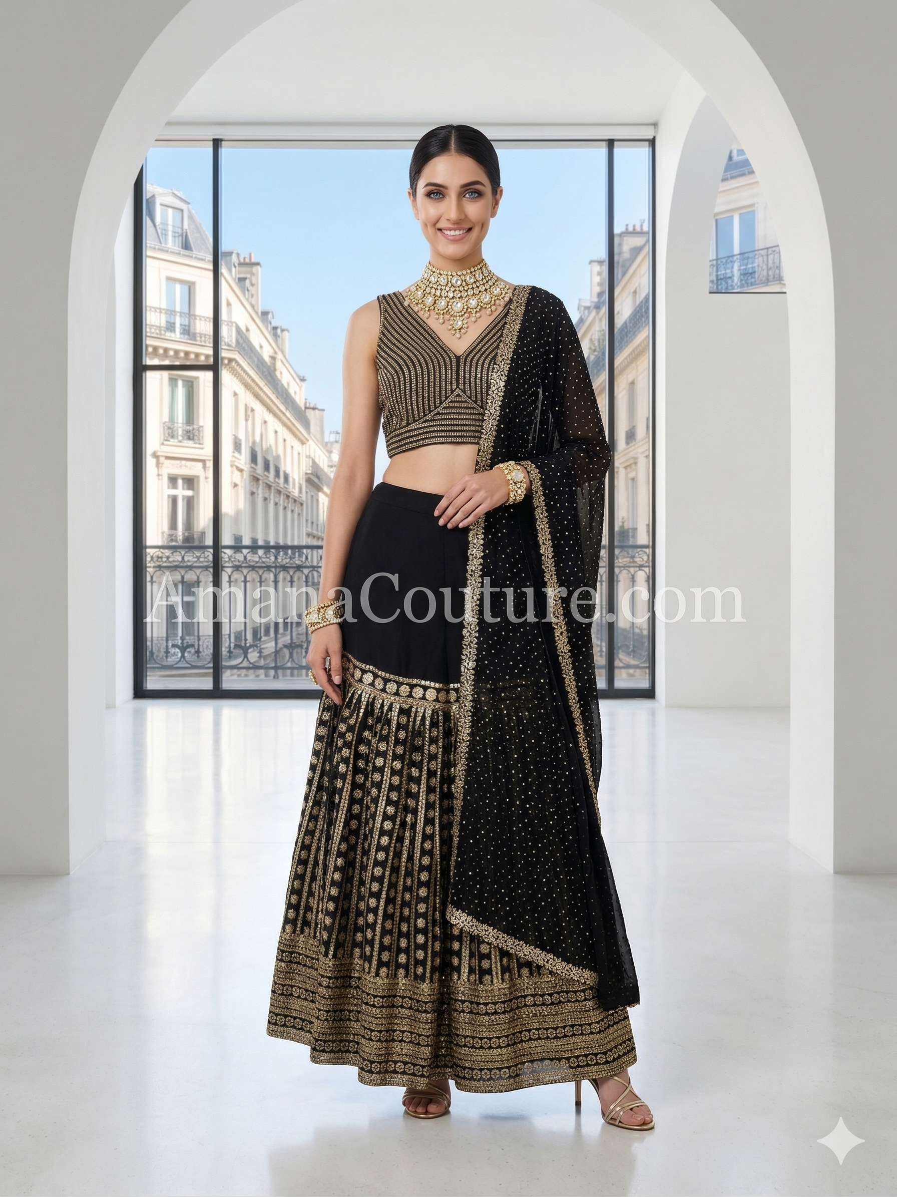 Black Silk Sharara Set | Pearl Crop Top & Gold Embroidery