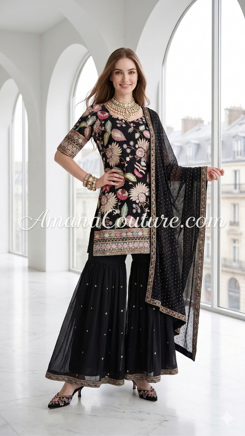Black Crepe Floral Sharara Set with Chinon Dupatta