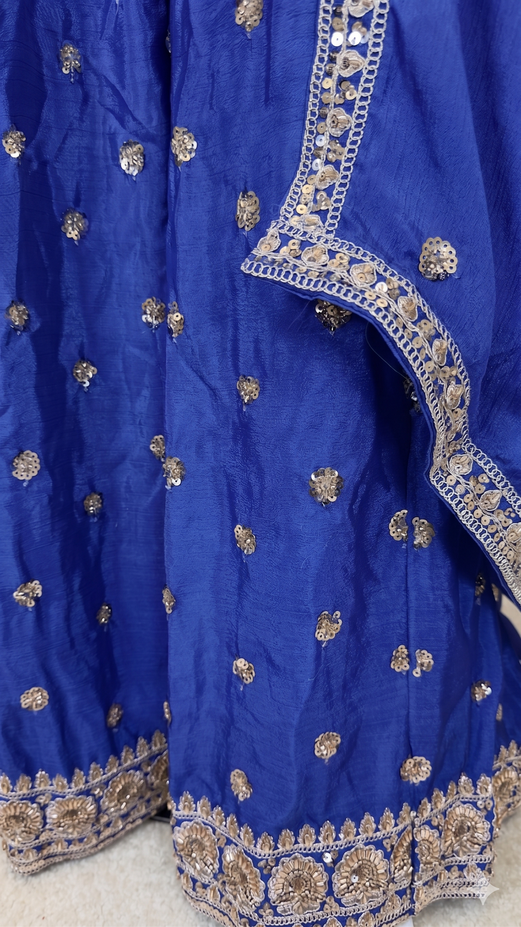 Royal Blue / Sapphire & Midnight Royal Blue Crepe Silk 3-Piece Coord Sharara Set with Chinon Dupatta