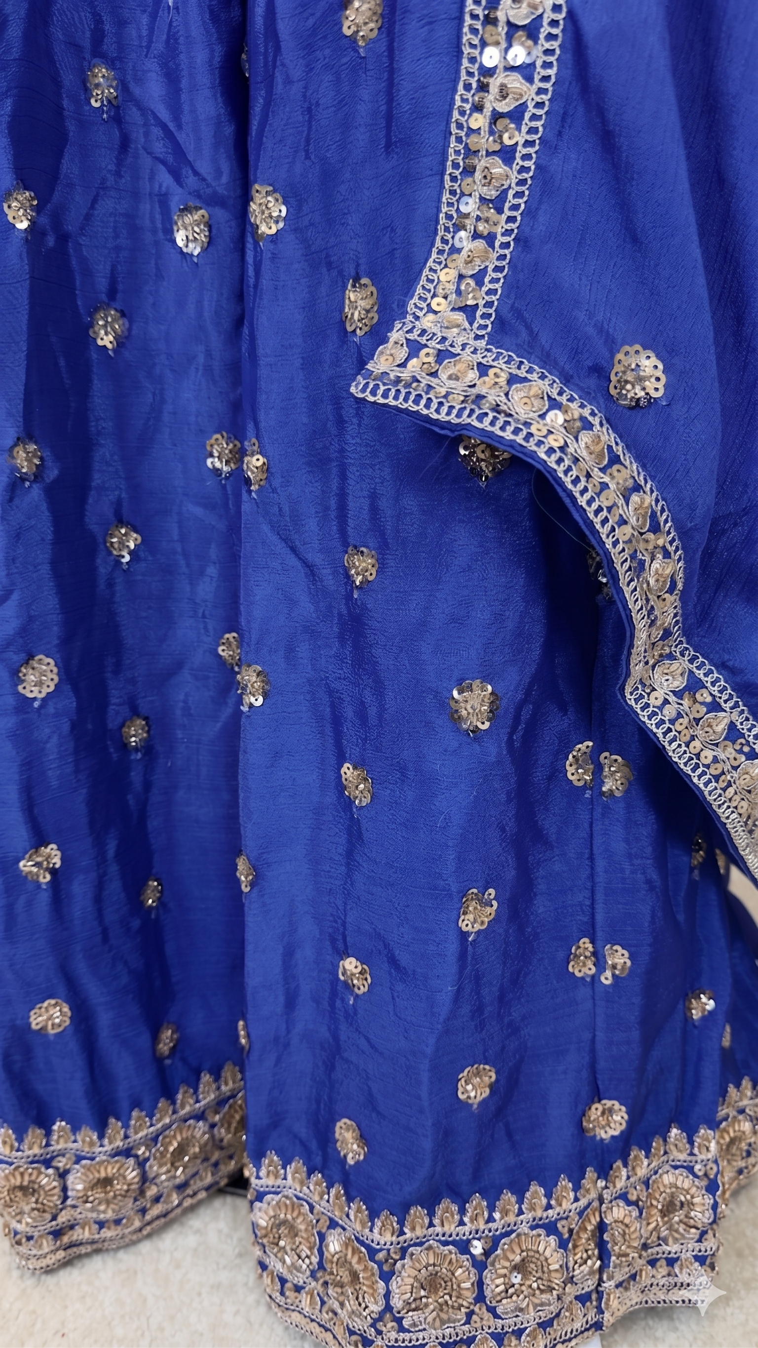 Royal Blue / Sapphire & Midnight Royal Blue Crepe Silk 3-Piece Coord Sharara Set with Chinon Dupatta