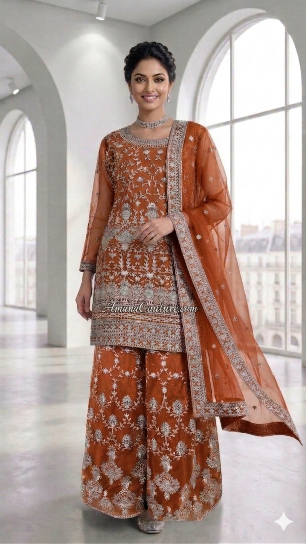 Orange Rust Net Sharara Set