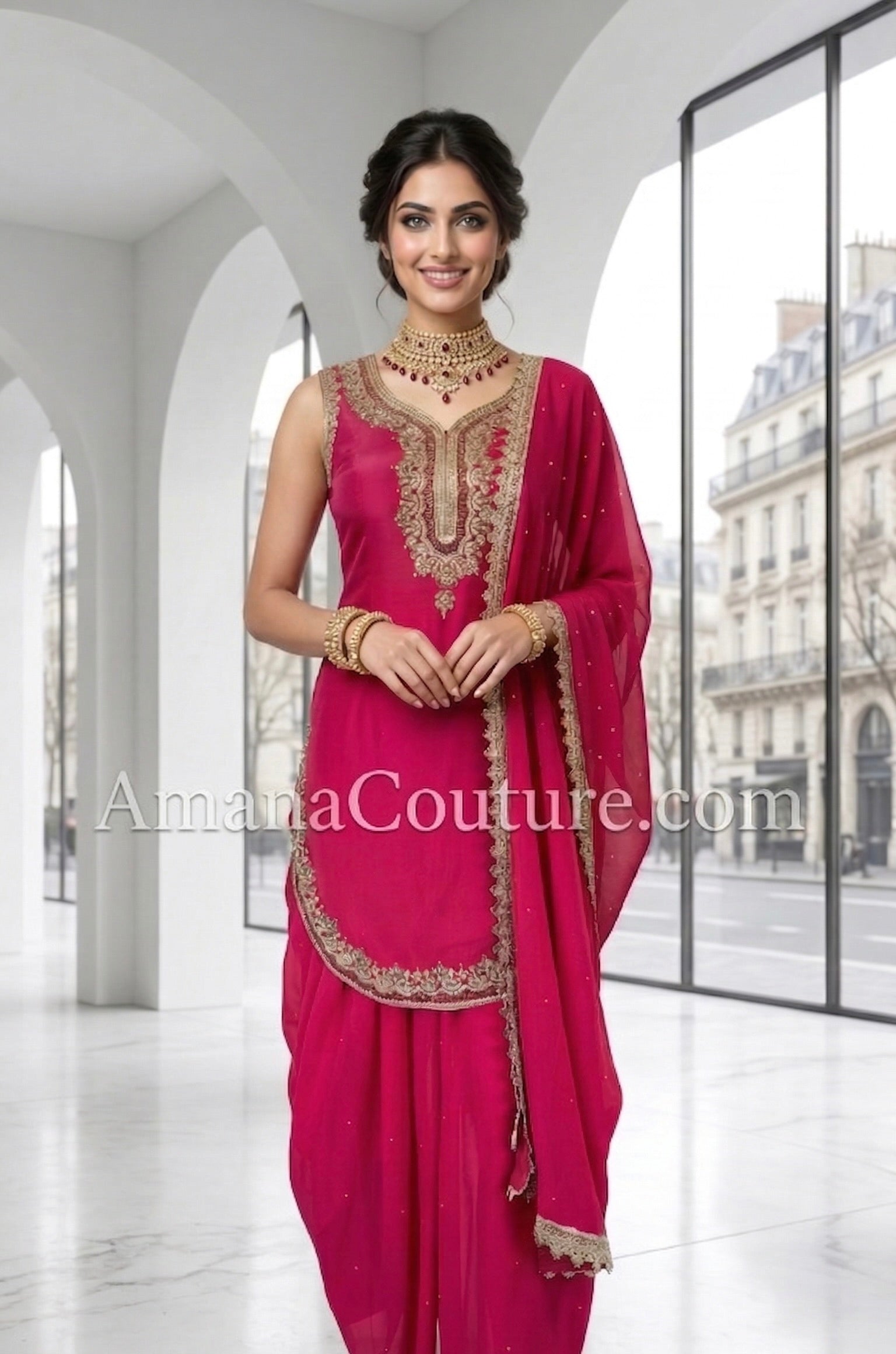 Red Dhoti-Style Outfit with Golden Embroidery