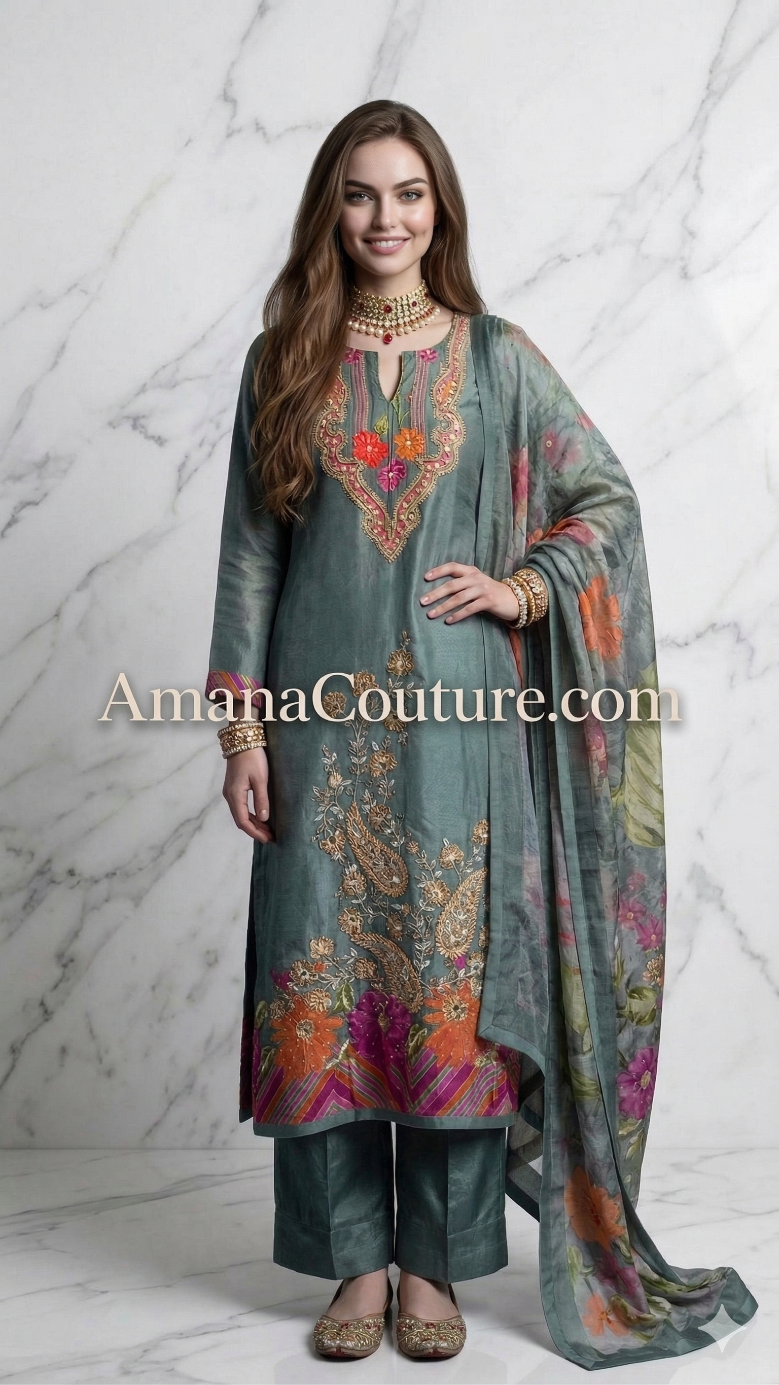 Dusty Blue Floral Embroidered Coord Set with Dupatta