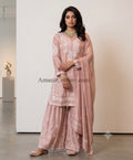 Dusty Blush Pink Rose Gold Chanderi Cotton Silk Sharara Set with White Chikankari-Inspired Embroidery