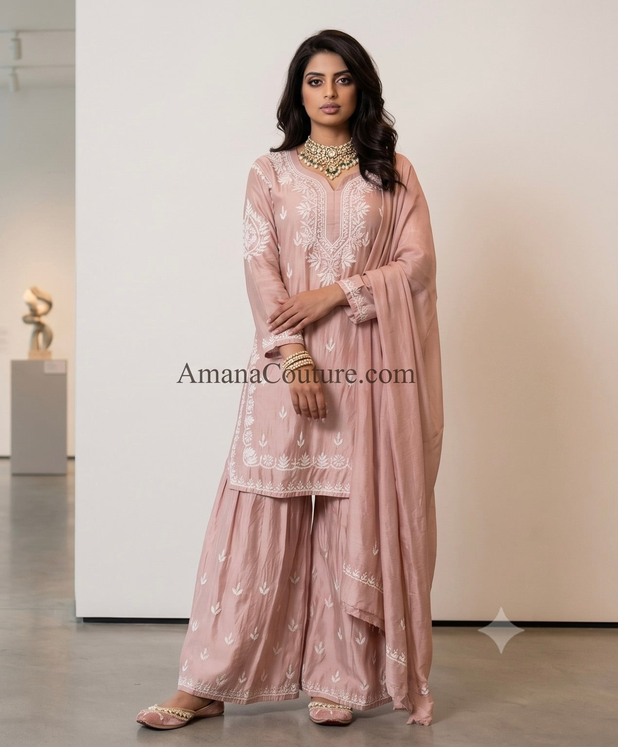 Dusty Blush Pink Rose Gold Chanderi Cotton Silk Sharara Set with White Chikankari-Inspired Embroidery