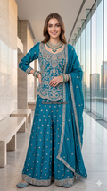 Teal Peacock Crepe Silk 3-Piece Coord Sharara Set with Chinon Dupatta