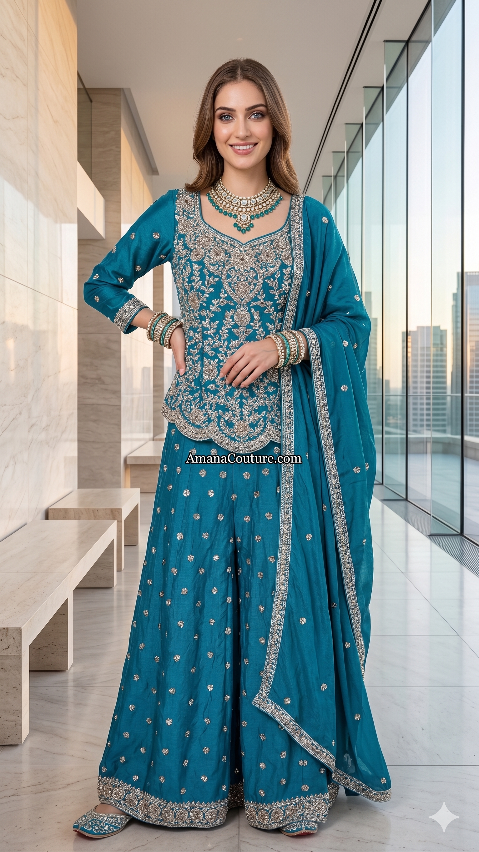 Teal Peacock Crepe Silk 3-Piece Coord Sharara Set with Chinon Dupatta