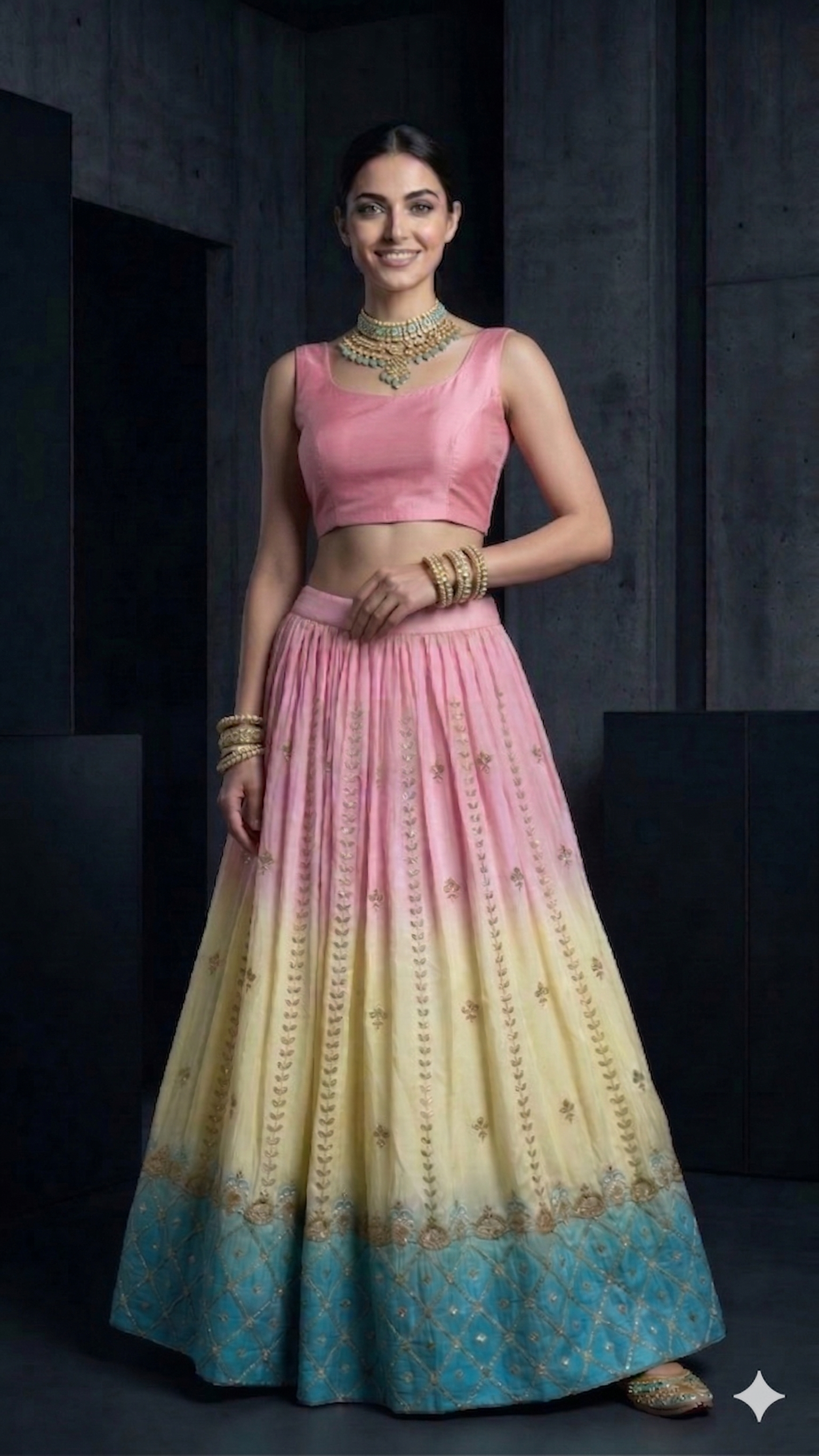 Pastel Triple Blend Lehenga Set with Embroidered Jaal Dupatta