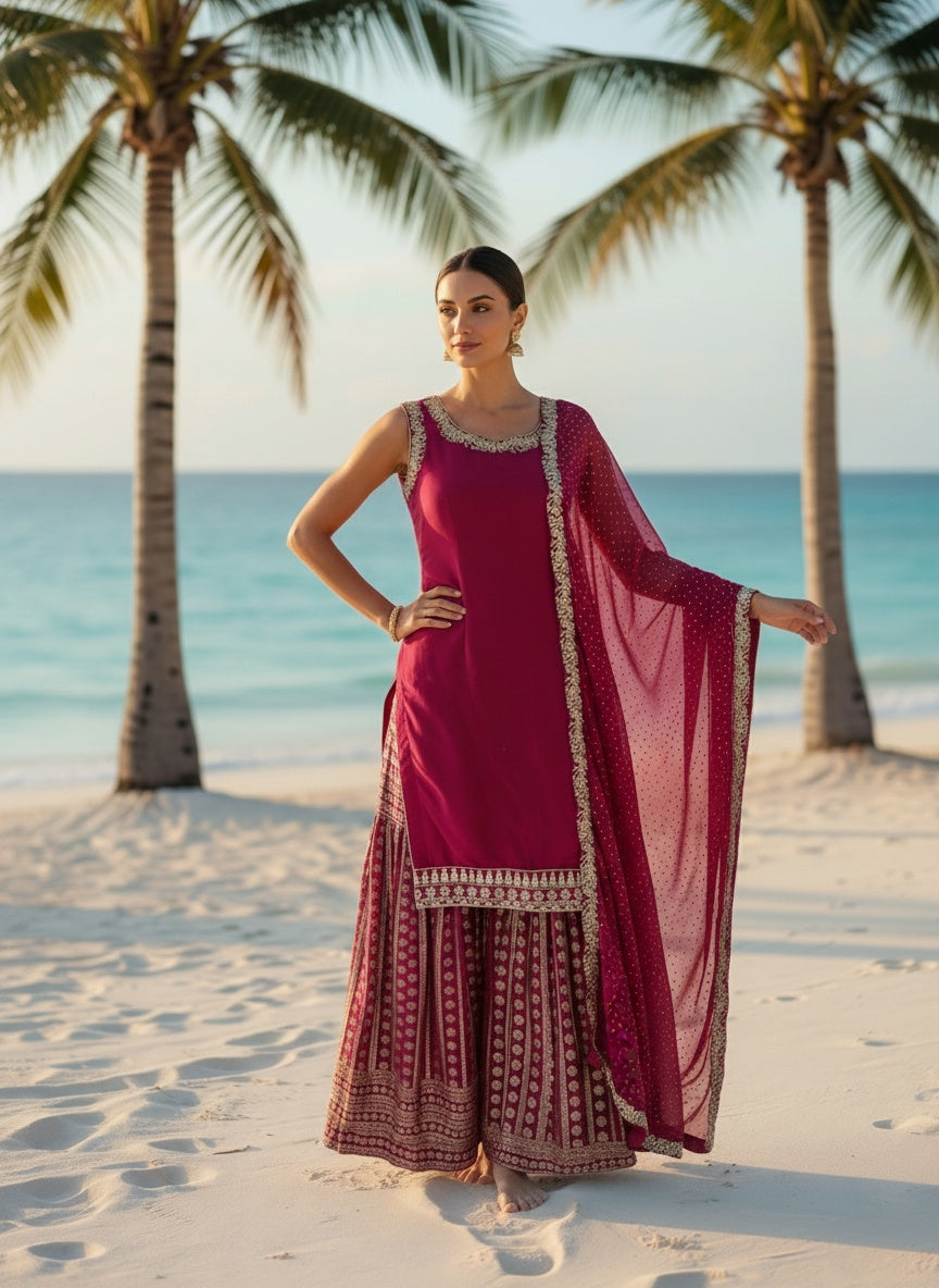 Deep Red Designer Sharara with Beautiful Back Neck Style