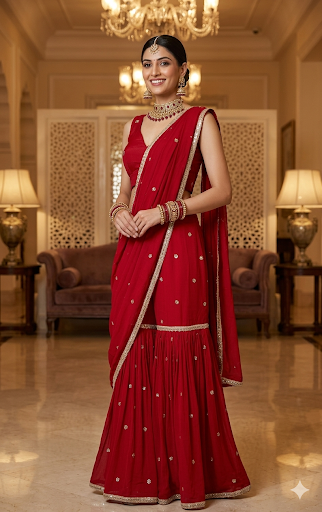Red Pure Chinon Designer Saree