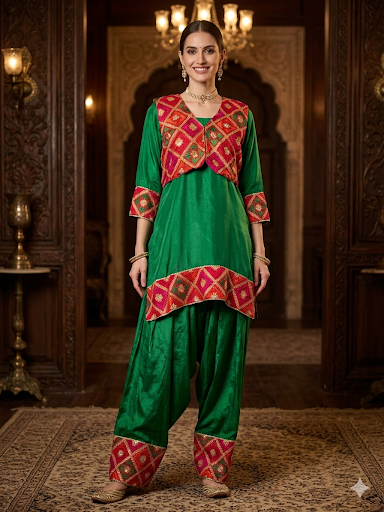 Dark Green Phulkari Farsi Salwar & Jacket Set