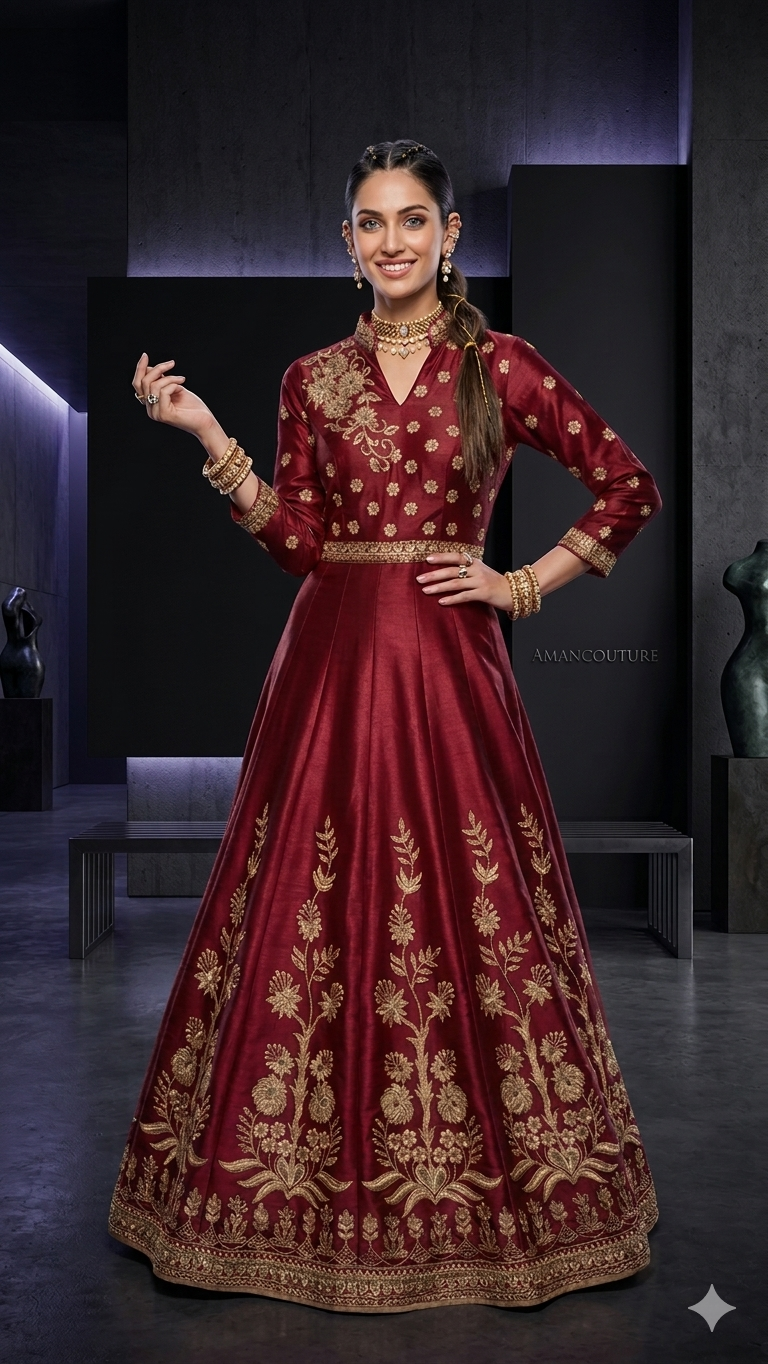 Maroon Long Gown with Embroidered Dupatta | Formal Wedding Wear