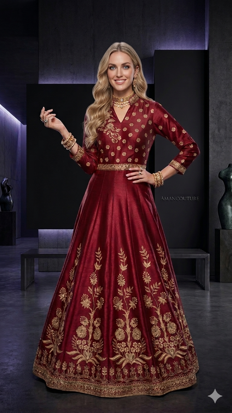 Maroon Long Gown with Embroidered Dupatta | Formal Wedding Wear